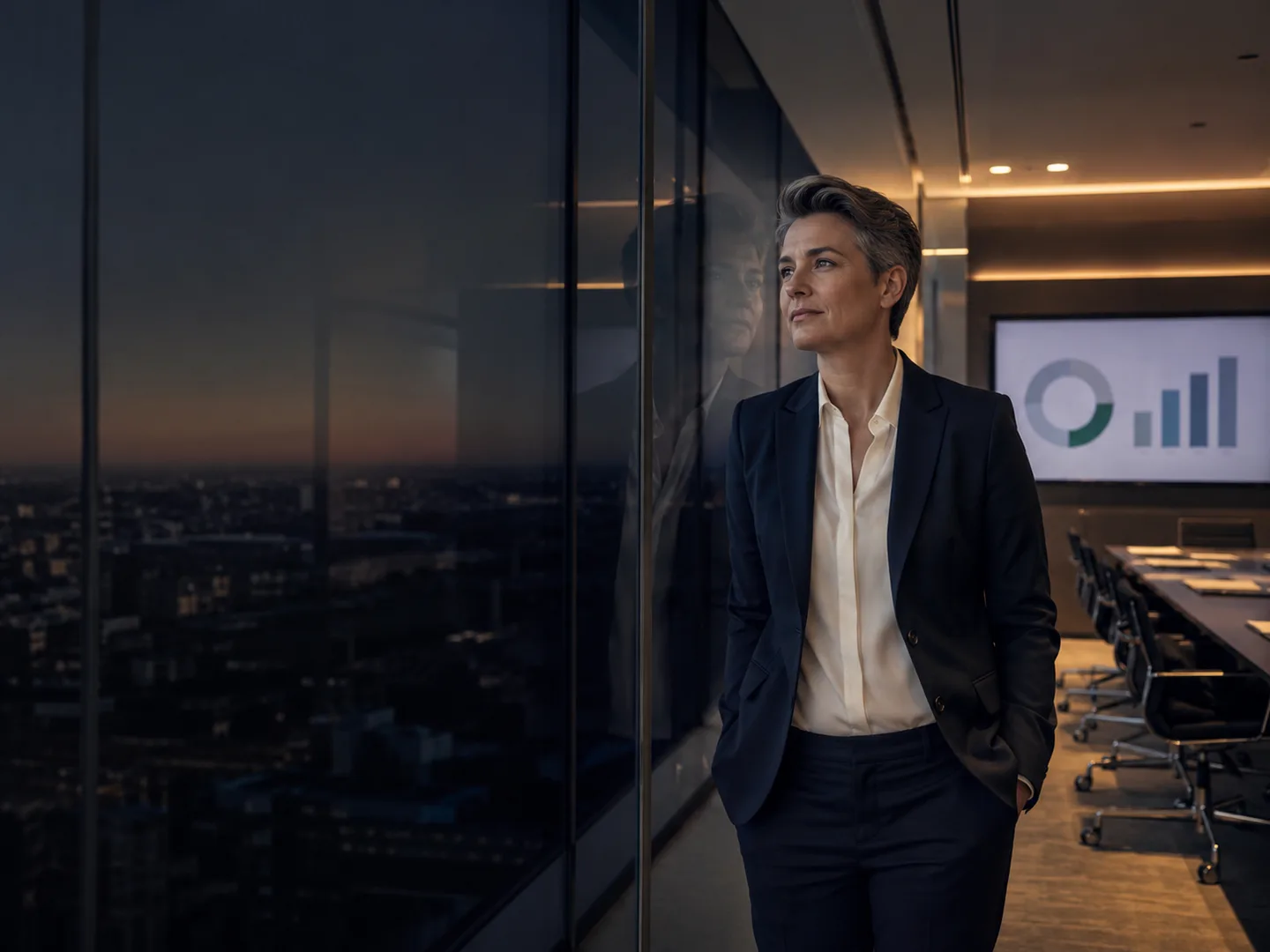 A successful professional reflecting alone after a presentation